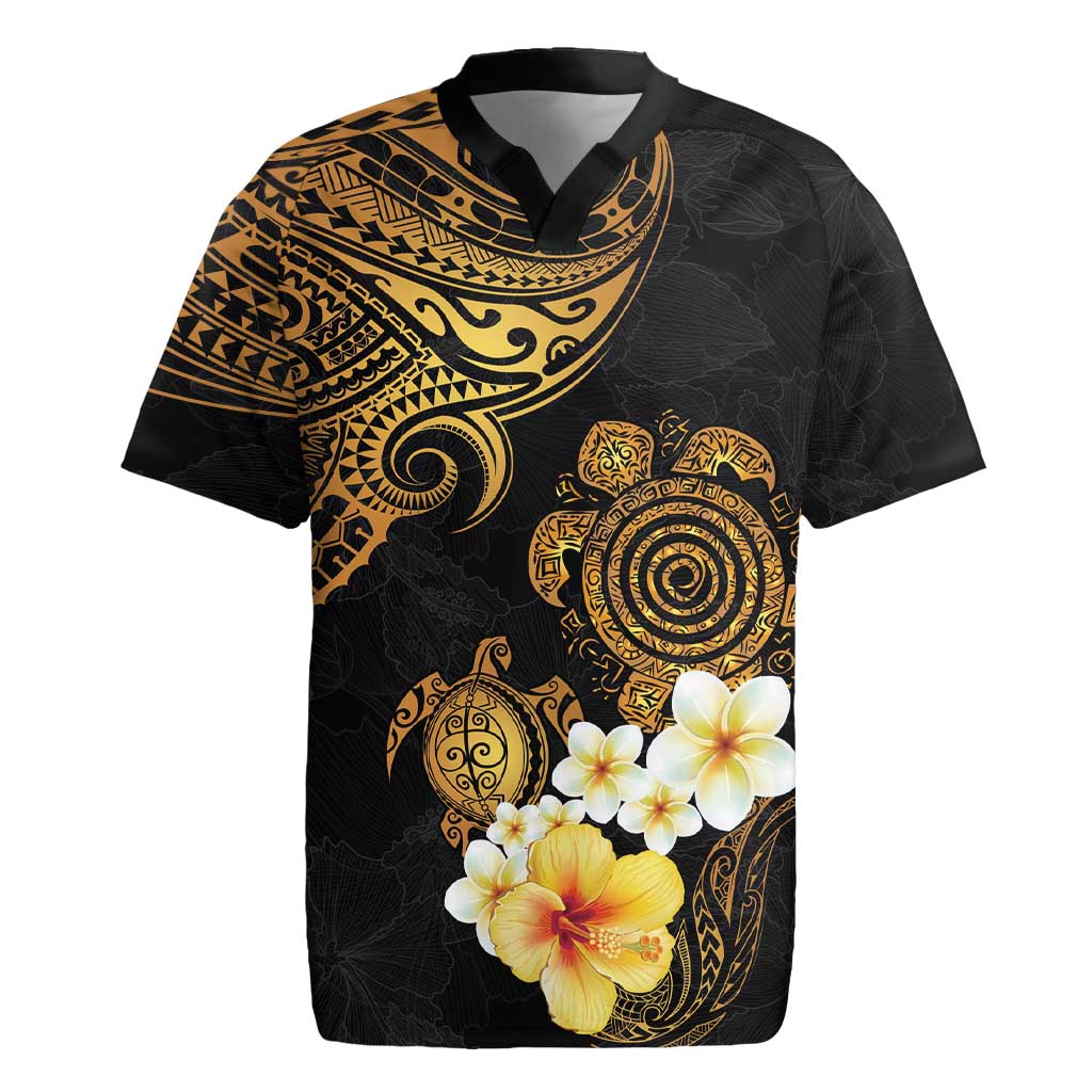 Polynesian Turtle Rugby Jersey Plumeria Hibiscus Pattern Black Color