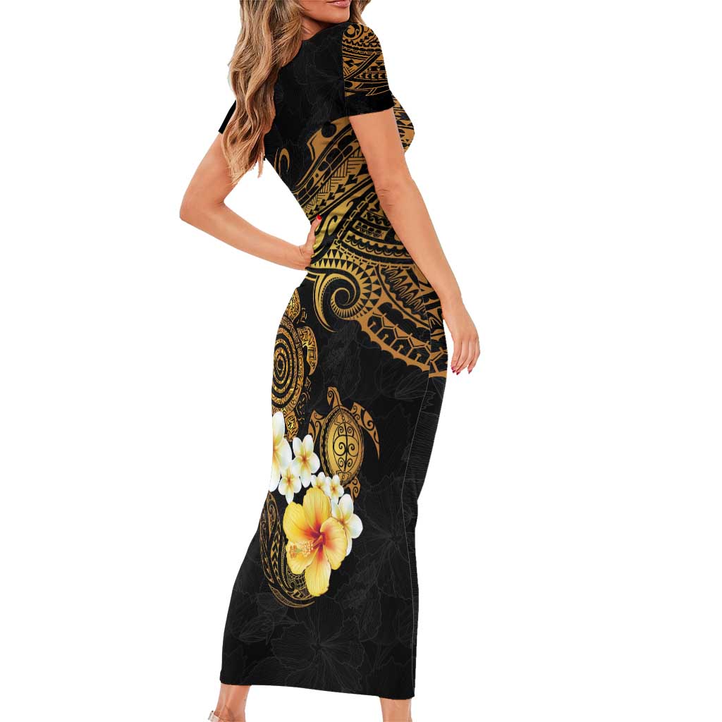 Polynesian Turtle Short Sleeve Bodycon Dress Plumeria Hibiscus Pattern Black Color