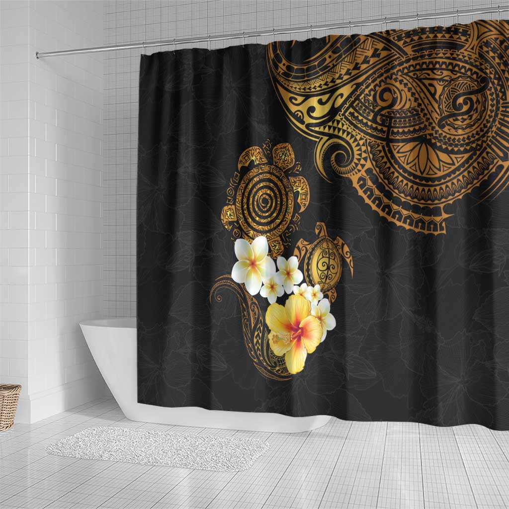 Polynesian Turtle Shower Curtain Plumeria Hibiscus Pattern Black Color