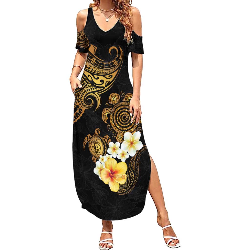 Polynesian Turtle Summer Maxi Dress Plumeria Hibiscus Pattern Black Color