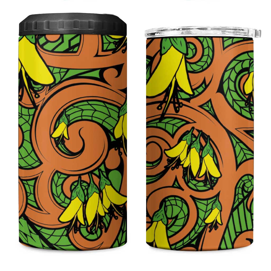 New Zealand Kowhai Flowers 4 in 1 Can Cooler Tumbler Maori Koru Pattern