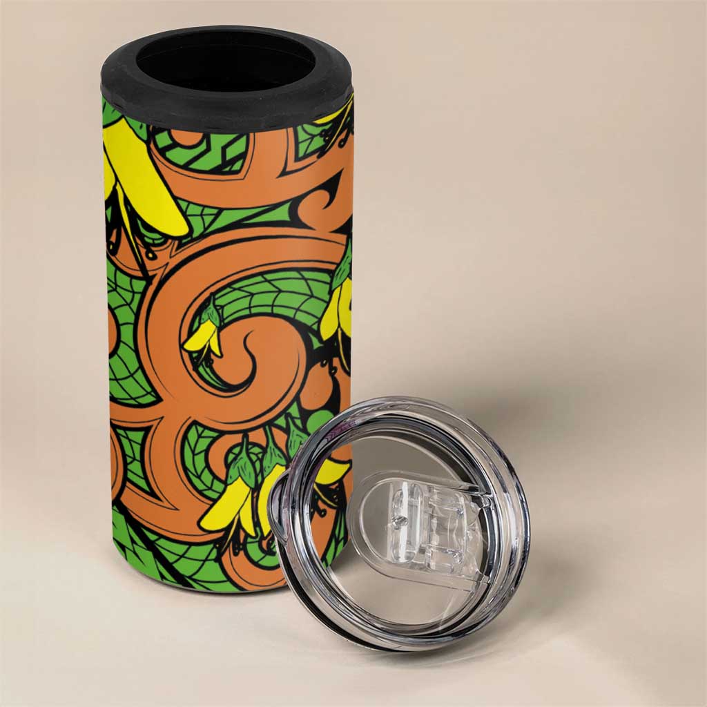 New Zealand Kowhai Flowers 4 in 1 Can Cooler Tumbler Maori Koru Pattern