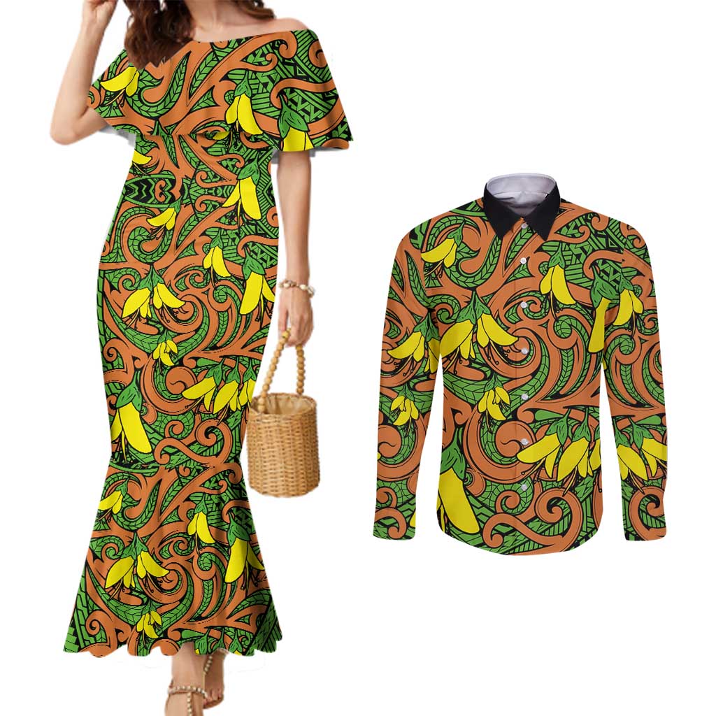 New Zealand Kowhai Flowers Couples Matching Mermaid Dress and Long Sleeve Button Shirt Maori Koru Pattern