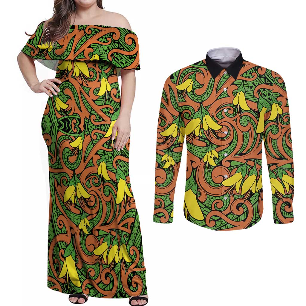 New Zealand Kowhai Flowers Couples Matching Off Shoulder Maxi Dress and Long Sleeve Button Shirt Maori Koru Pattern