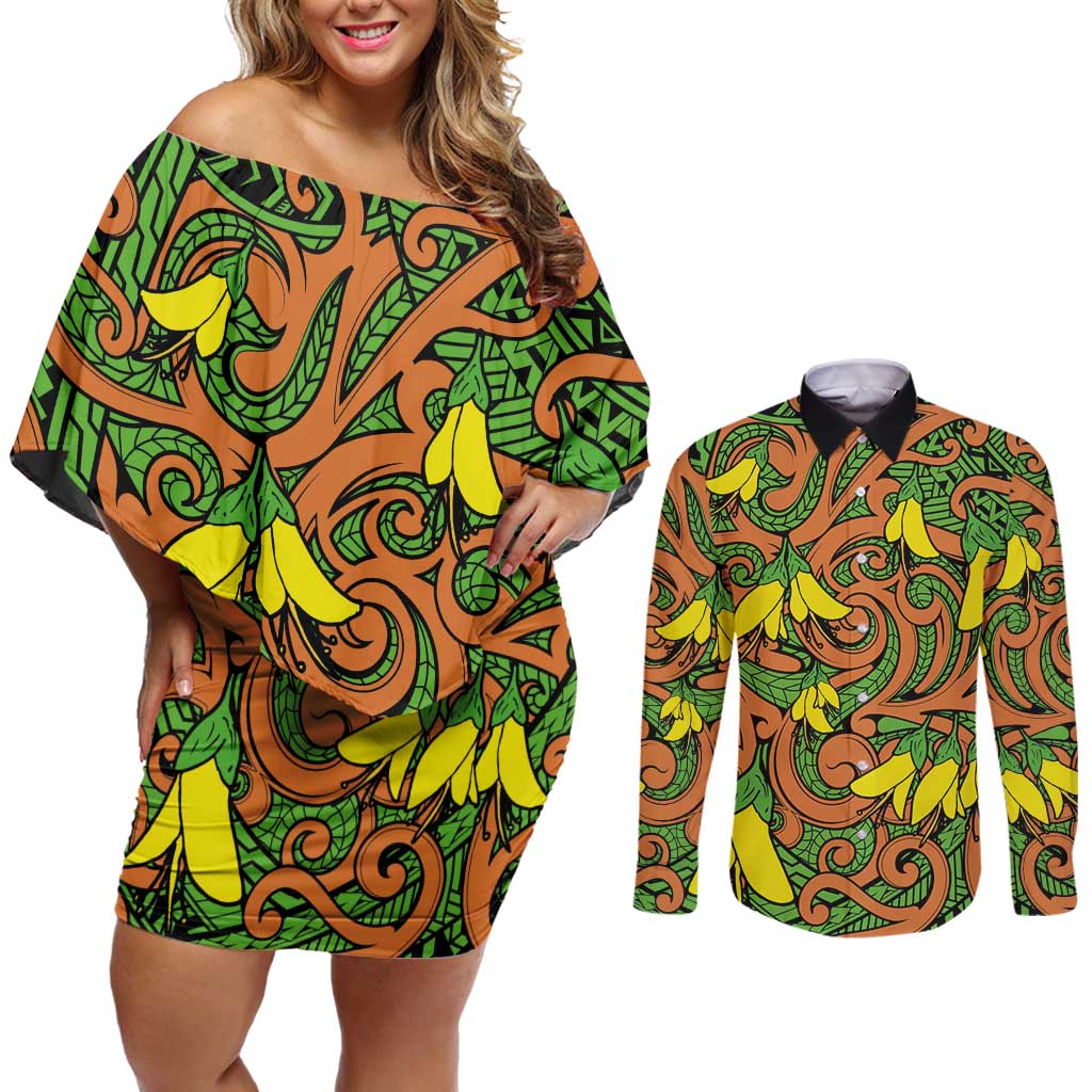New Zealand Kowhai Flowers Couples Matching Off Shoulder Short Dress and Long Sleeve Button Shirt Maori Koru Pattern