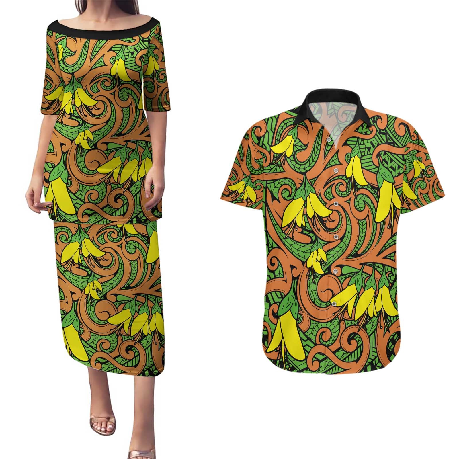 New Zealand Kowhai Flowers Couples Matching Puletasi and Hawaiian Shirt Maori Koru Pattern