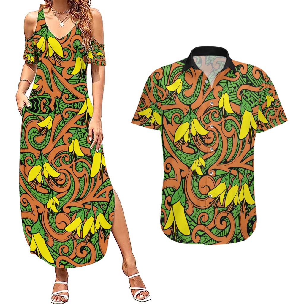 New Zealand Kowhai Flowers Couples Matching Summer Maxi Dress and Hawaiian Shirt Maori Koru Pattern
