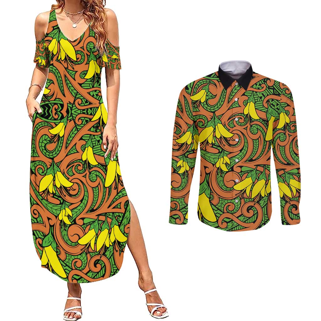 New Zealand Kowhai Flowers Couples Matching Summer Maxi Dress and Long Sleeve Button Shirt Maori Koru Pattern