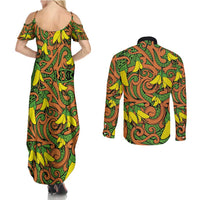 New Zealand Kowhai Flowers Couples Matching Summer Maxi Dress and Long Sleeve Button Shirt Maori Koru Pattern