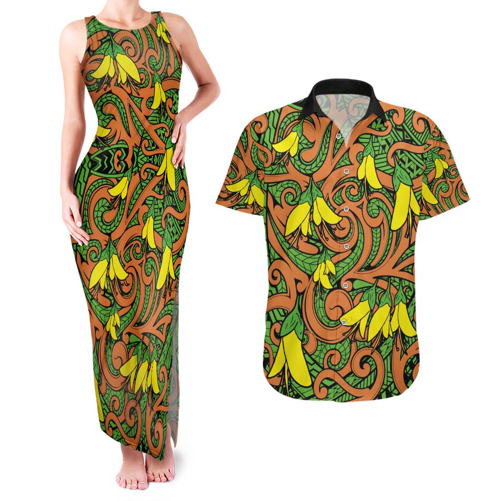 New Zealand Kowhai Flowers Couples Matching Tank Maxi Dress and Hawaiian Shirt Maori Koru Pattern