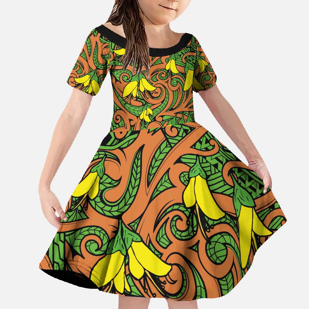 New Zealand Kowhai Flowers Family Matching Long Sleeve Bodycon Dress and Hawaiian Shirt Maori Koru Pattern LT03 Daughter's Dress Orange - Polynesian Pride