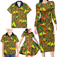 New Zealand Kowhai Flowers Family Matching Long Sleeve Bodycon Dress and Hawaiian Shirt Maori Koru Pattern LT03 - Polynesian Pride