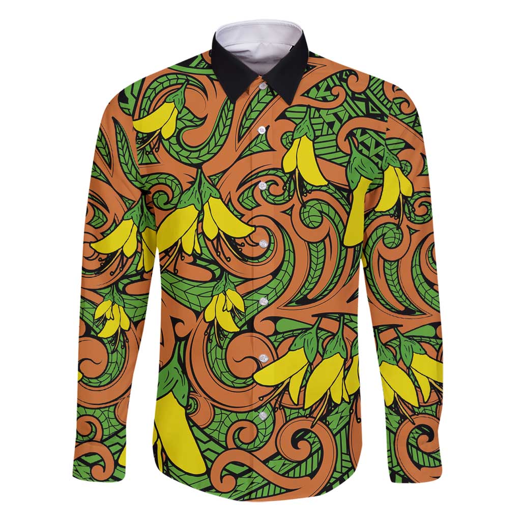 New Zealand Kowhai Flowers Family Matching Long Sleeve Bodycon Dress and Hawaiian Shirt Maori Koru Pattern LT03 Dad's Shirt - Long Sleeve Orange - Polynesian Pride