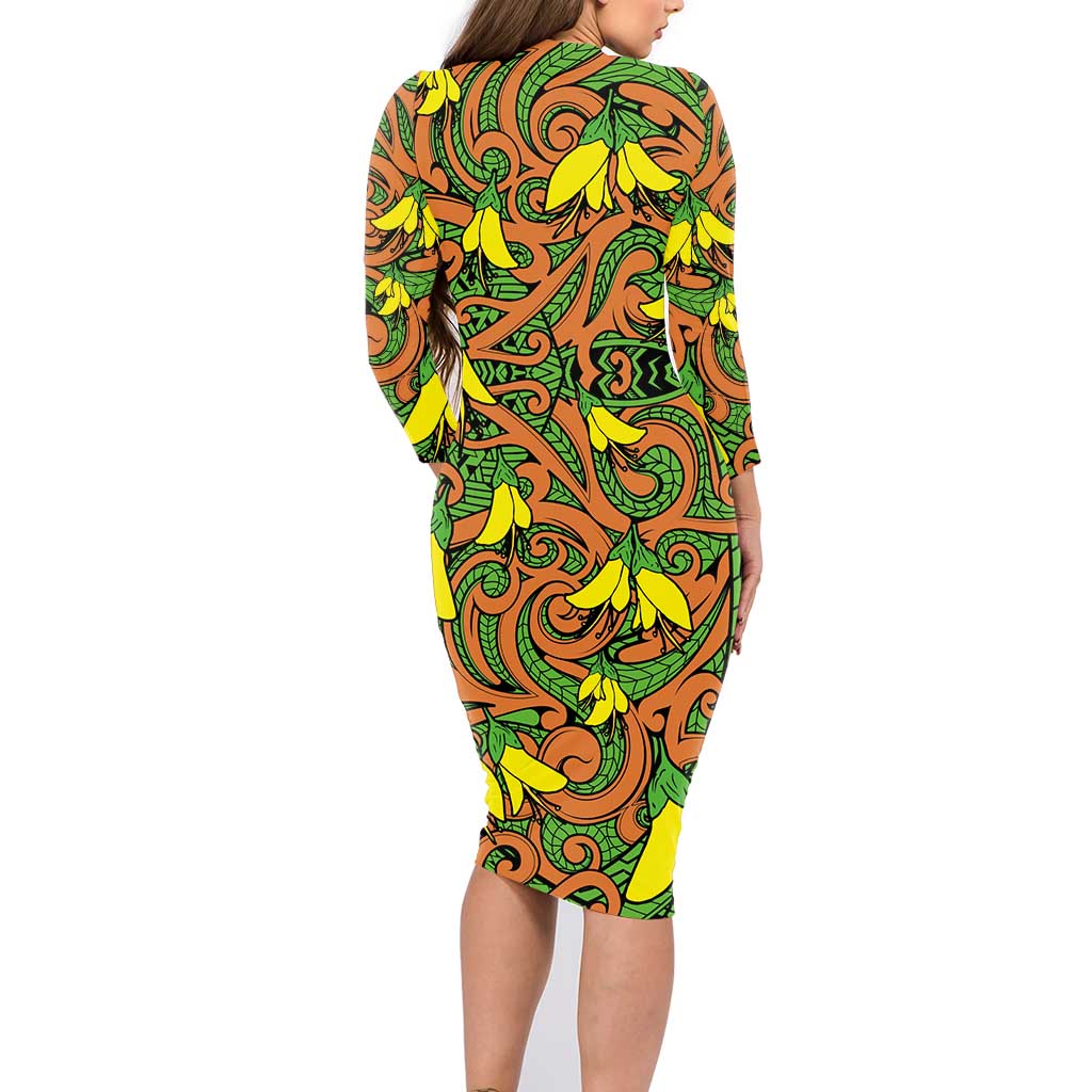 New Zealand Kowhai Flowers Family Matching Long Sleeve Bodycon Dress and Hawaiian Shirt Maori Koru Pattern LT03 - Polynesian Pride