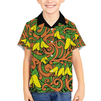 New Zealand Kowhai Flowers Family Matching Long Sleeve Bodycon Dress and Hawaiian Shirt Maori Koru Pattern LT03 Son's Shirt Orange - Polynesian Pride