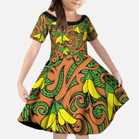 New Zealand Kowhai Flowers Family Matching Mermaid Dress and Hawaiian Shirt Maori Koru Pattern LT03 Daughter's Dress Orange - Polynesian Pride