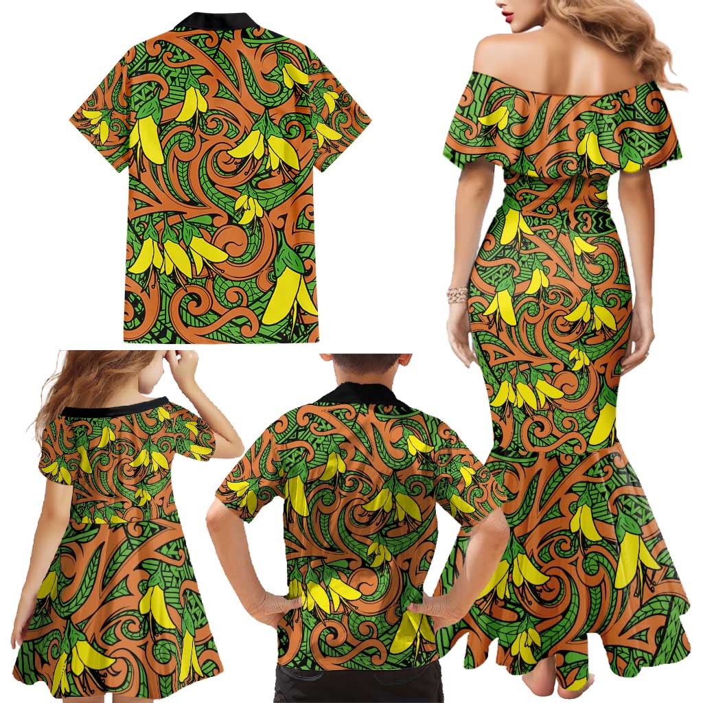 New Zealand Kowhai Flowers Family Matching Mermaid Dress and Hawaiian Shirt Maori Koru Pattern LT03 - Polynesian Pride