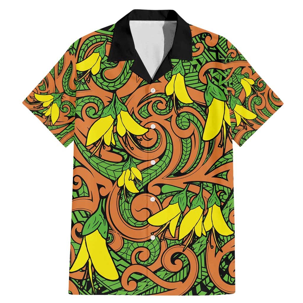 New Zealand Kowhai Flowers Family Matching Mermaid Dress and Hawaiian Shirt Maori Koru Pattern LT03 Dad's Shirt - Short Sleeve Orange - Polynesian Pride