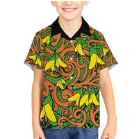 New Zealand Kowhai Flowers Family Matching Mermaid Dress and Hawaiian Shirt Maori Koru Pattern LT03 Son's Shirt Orange - Polynesian Pride