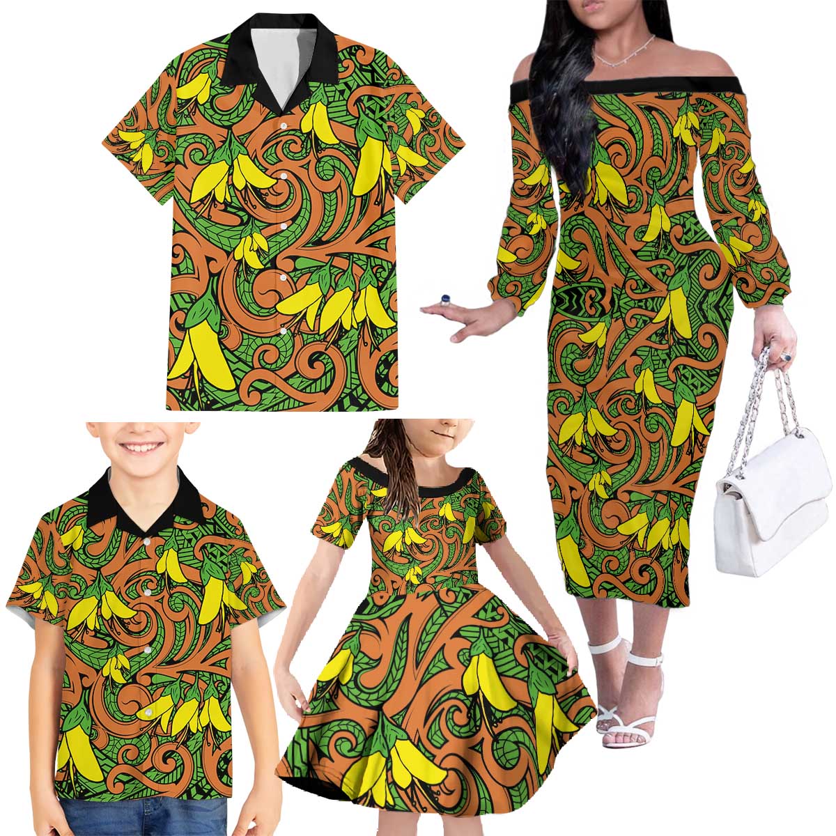 New Zealand Kowhai Flowers Family Matching Off The Shoulder Long Sleeve Dress and Hawaiian Shirt Maori Koru Pattern