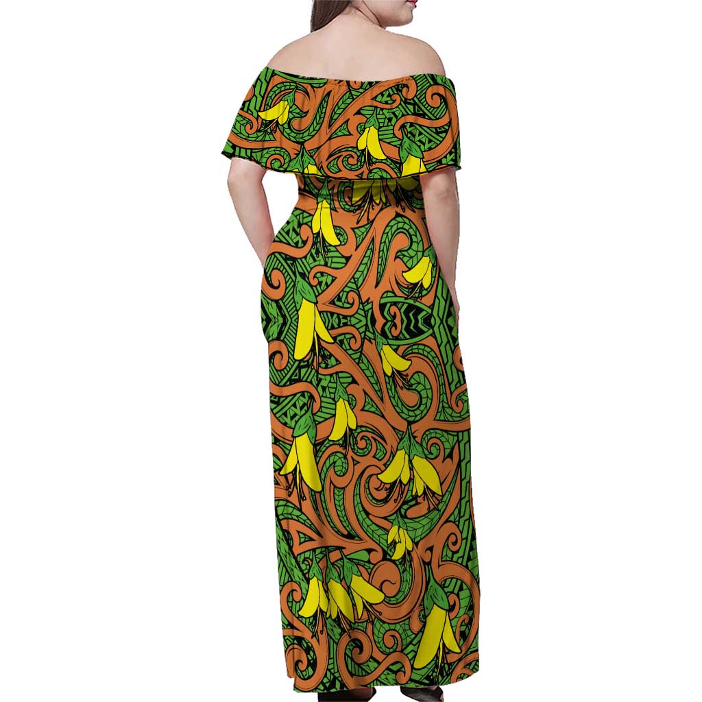 New Zealand Kowhai Flowers Family Matching Off Shoulder Maxi Dress and Hawaiian Shirt Maori Koru Pattern