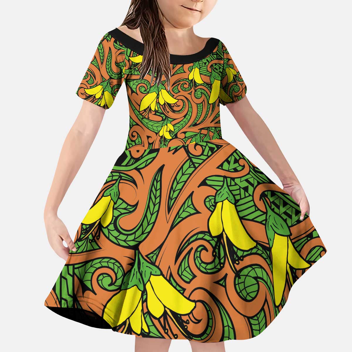 New Zealand Kowhai Flowers Family Matching Puletasi and Hawaiian Shirt Maori Koru Pattern LT03 Daughter's Dress Orange - Polynesian Pride