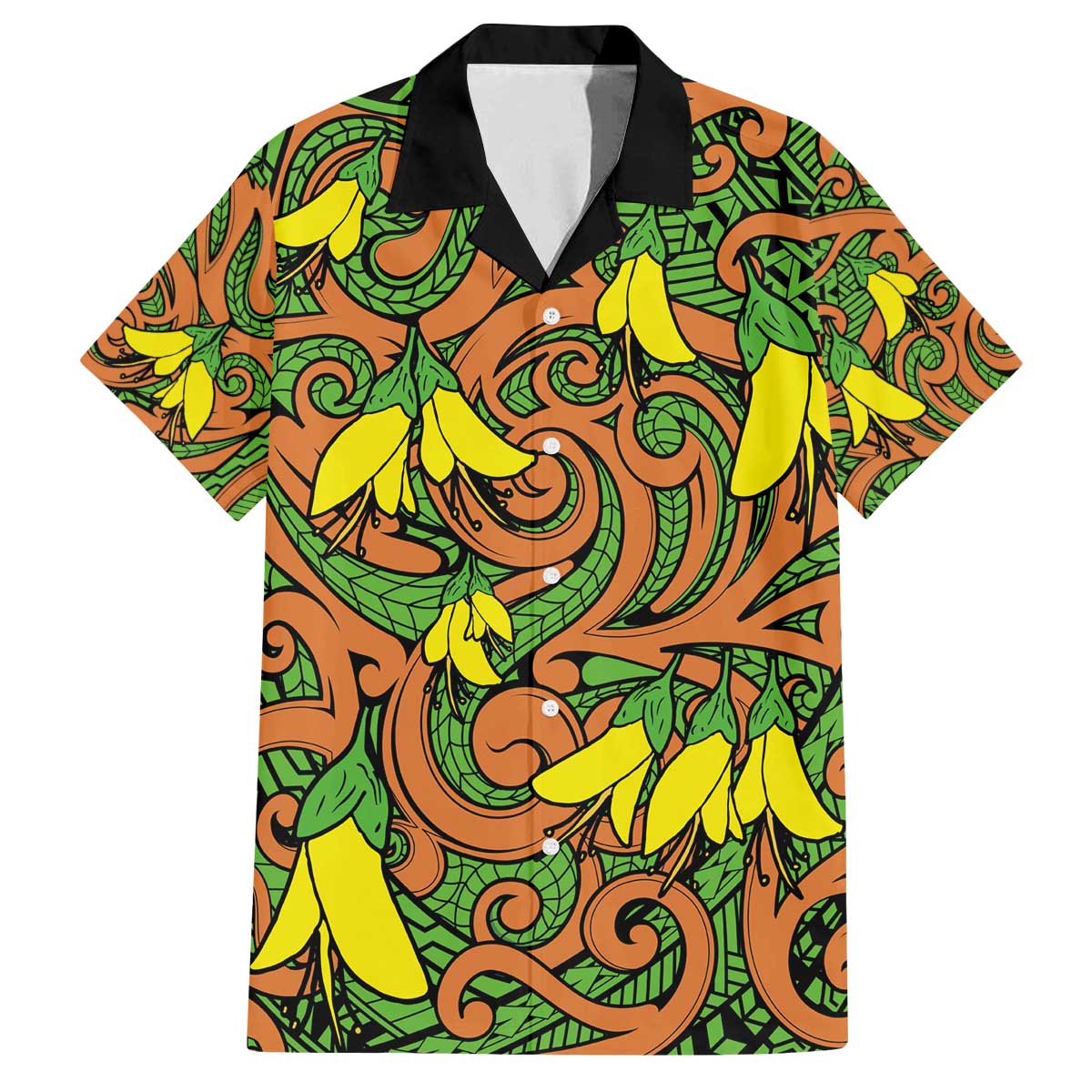 New Zealand Kowhai Flowers Family Matching Puletasi and Hawaiian Shirt Maori Koru Pattern LT03 Dad's Shirt - Short Sleeve Orange - Polynesian Pride