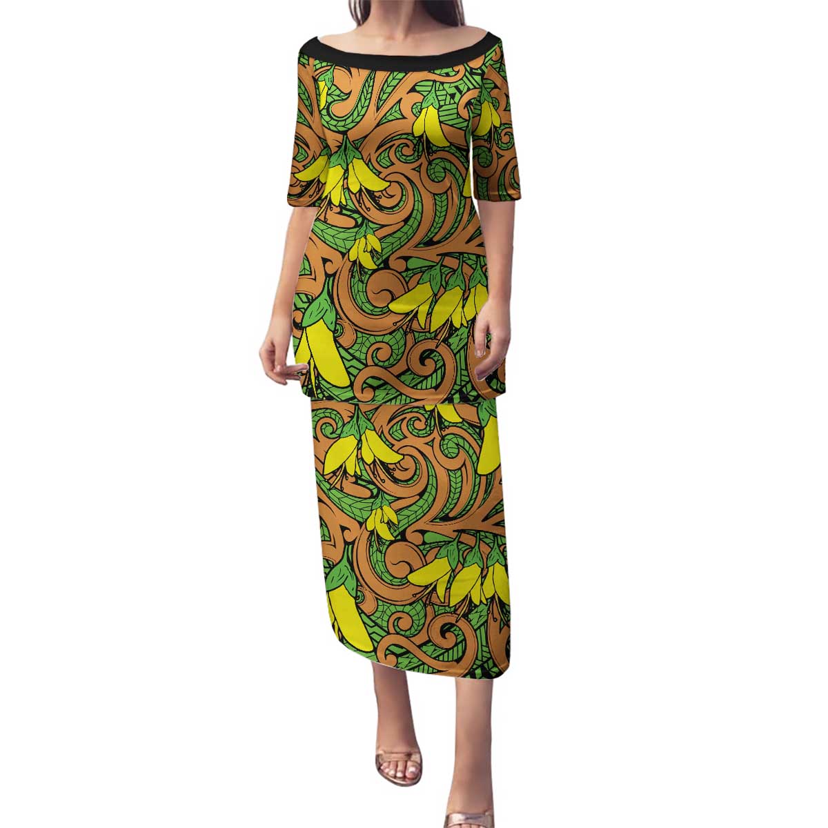 New Zealand Kowhai Flowers Family Matching Puletasi and Hawaiian Shirt Maori Koru Pattern LT03 Mom's Dress Orange - Polynesian Pride