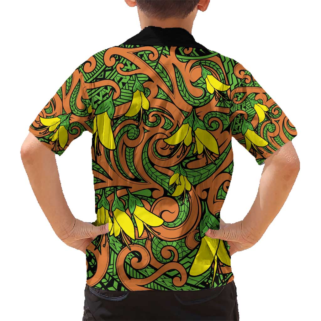 New Zealand Kowhai Flowers Family Matching Short Sleeve Bodycon Dress and Hawaiian Shirt Maori Koru Pattern LT03 - Polynesian Pride
