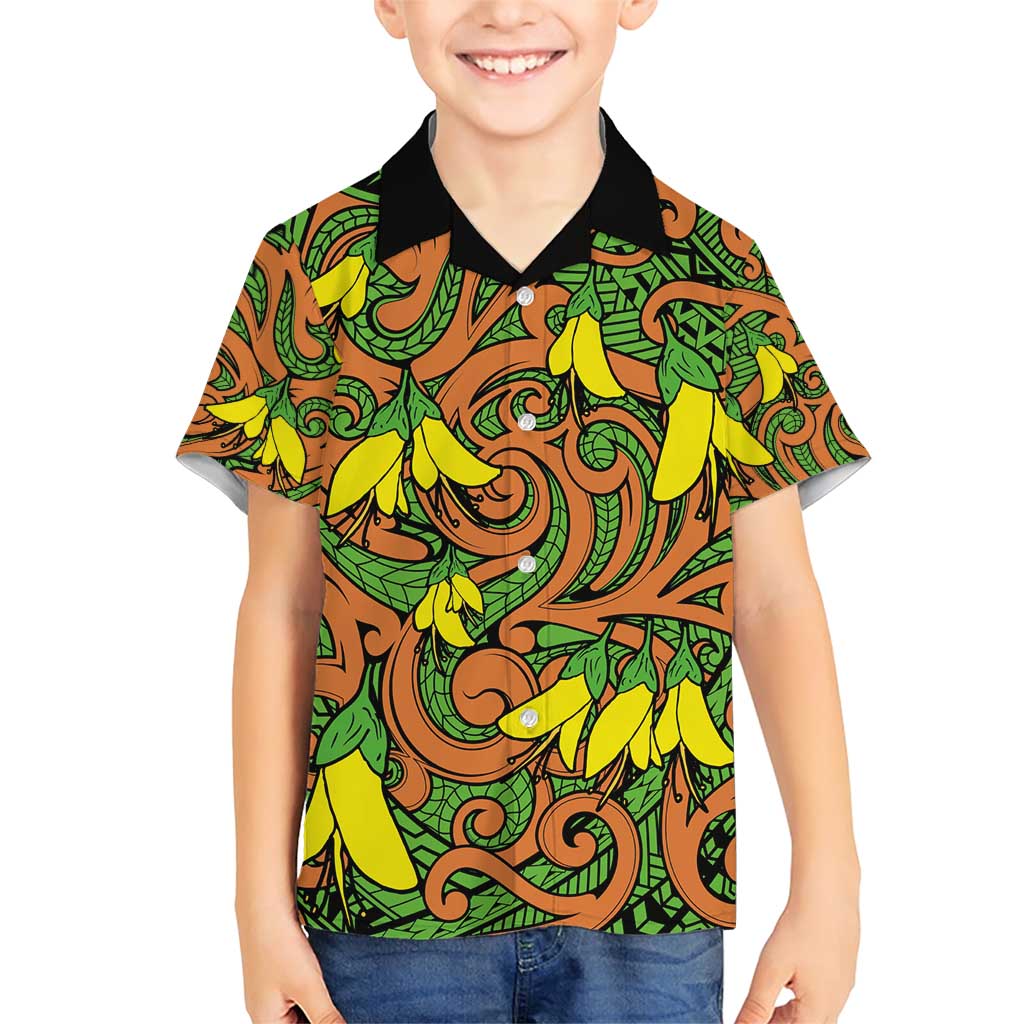 New Zealand Kowhai Flowers Family Matching Short Sleeve Bodycon Dress and Hawaiian Shirt Maori Koru Pattern LT03 Son's Shirt Orange - Polynesian Pride