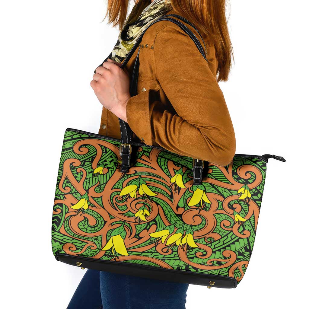 New Zealand Kowhai Flowers Leather Tote Bag Maori Koru Pattern