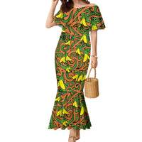 New Zealand Kowhai Flowers Mermaid Dress Maori Koru Pattern