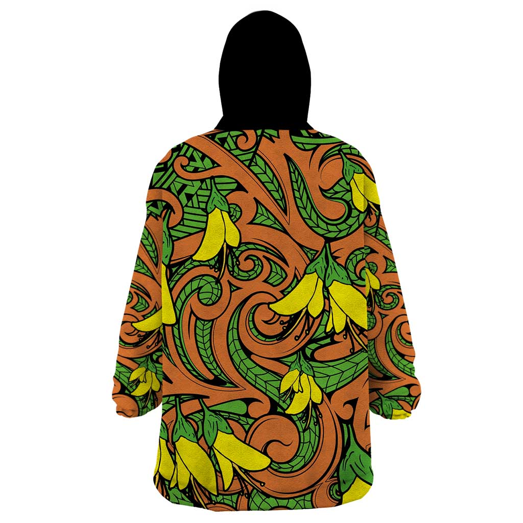 New Zealand Kowhai Flowers Wearable Blanket Hoodie Maori Koru Pattern