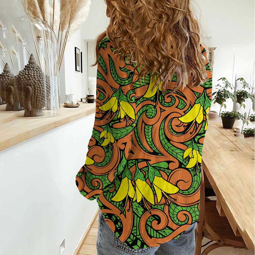 New Zealand Kowhai Flowers Women Casual Shirt Maori Koru Pattern