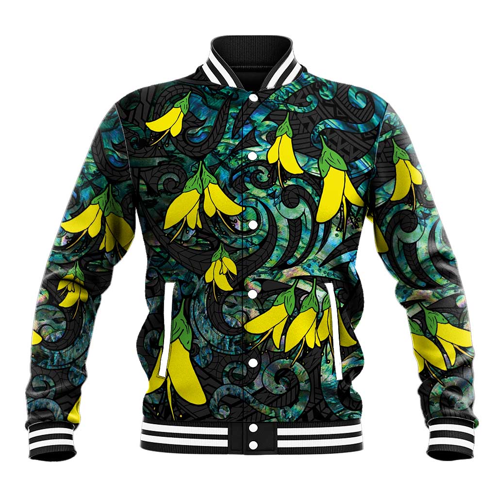 New Zealand Kowhai Flowers Baseball Jacket Maori Koru Pattern With Paua Shell Style