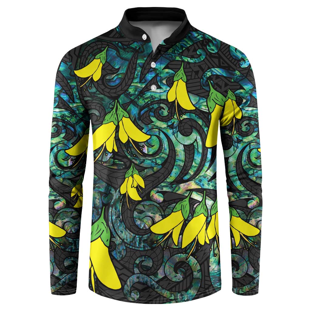 New Zealand Kowhai Flowers Button Sweatshirt Maori Koru Pattern With Paua Shell Style
