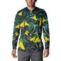 New Zealand Kowhai Flowers Button Sweatshirt Maori Koru Pattern With Paua Shell Style