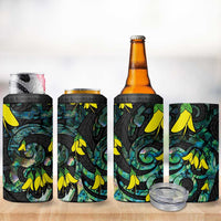 New Zealand Kowhai Flowers 4 in 1 Can Cooler Tumbler Maori Koru Pattern With Paua Shell Style
