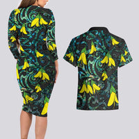 New Zealand Kowhai Flowers Couples Matching Long Sleeve Bodycon Dress and Hawaiian Shirt Maori Koru Pattern With Paua Shell Style