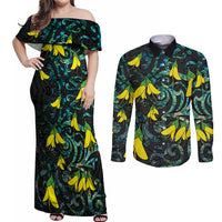 New Zealand Kowhai Flowers Couples Matching Off Shoulder Maxi Dress and Long Sleeve Button Shirt Maori Koru Pattern With Paua Shell Style