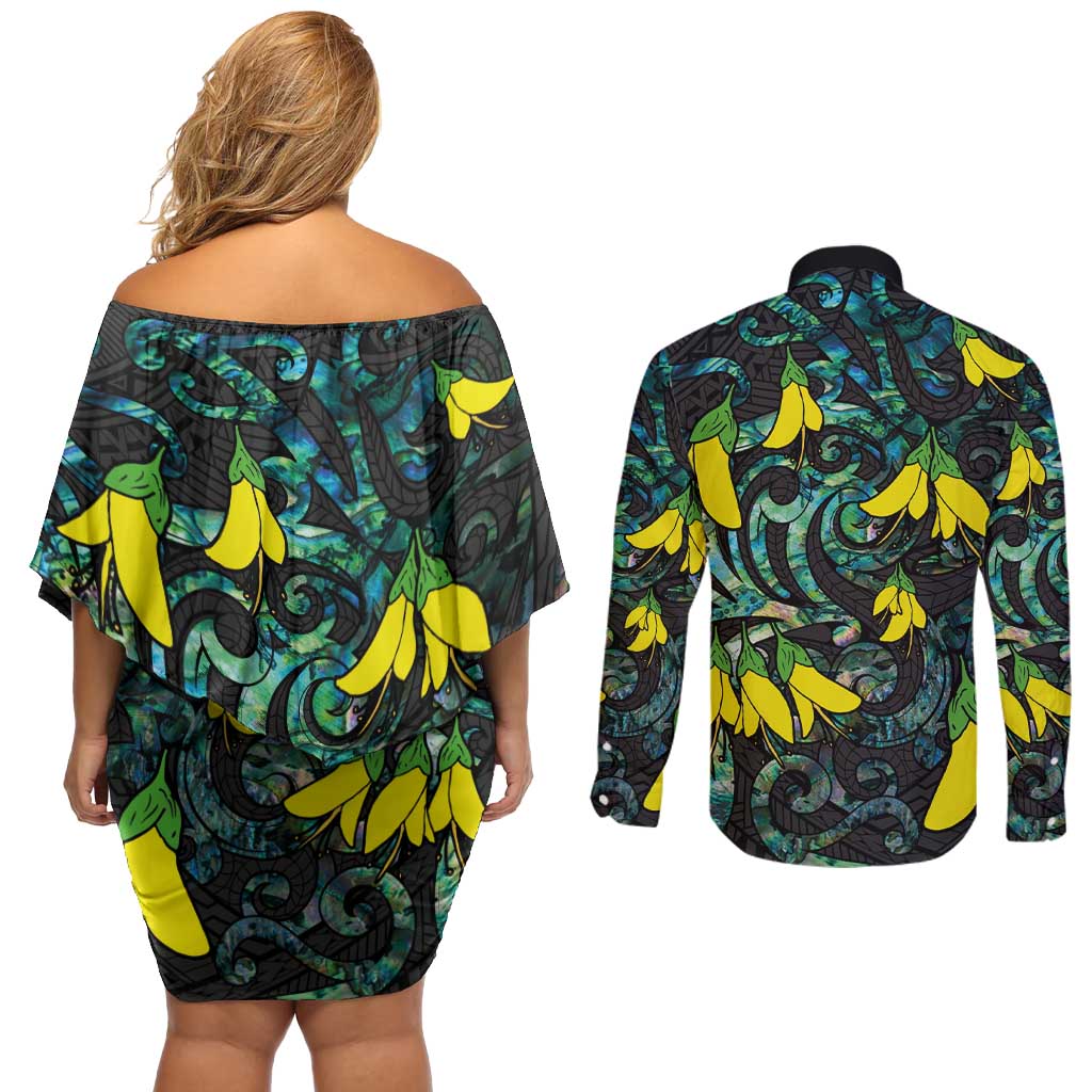 New Zealand Kowhai Flowers Couples Matching Off Shoulder Short Dress and Long Sleeve Button Shirt Maori Koru Pattern With Paua Shell Style