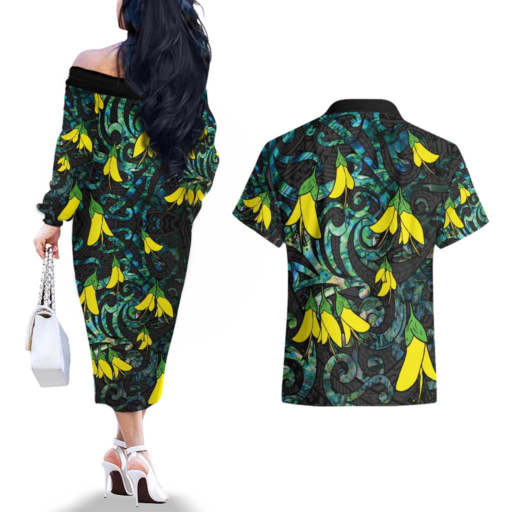 New Zealand Kowhai Flowers Couples Matching Off The Shoulder Long Sleeve Dress and Hawaiian Shirt Maori Koru Pattern With Paua Shell Style