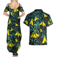 New Zealand Kowhai Flowers Couples Matching Summer Maxi Dress and Hawaiian Shirt Maori Koru Pattern With Paua Shell Style