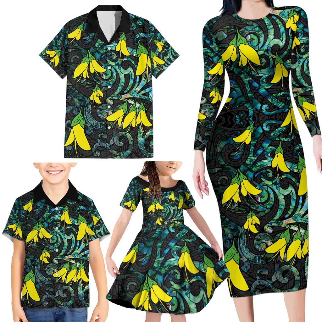 New Zealand Kowhai Flowers Family Matching Long Sleeve Bodycon Dress and Hawaiian Shirt Maori Koru Pattern With Paua Shell Style LT03 - Polynesian Pride