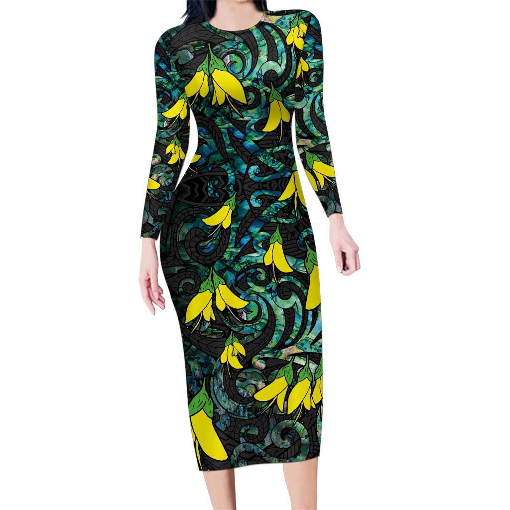 New Zealand Kowhai Flowers Family Matching Long Sleeve Bodycon Dress and Hawaiian Shirt Maori Koru Pattern With Paua Shell Style LT03 Mom's Dress Black - Polynesian Pride