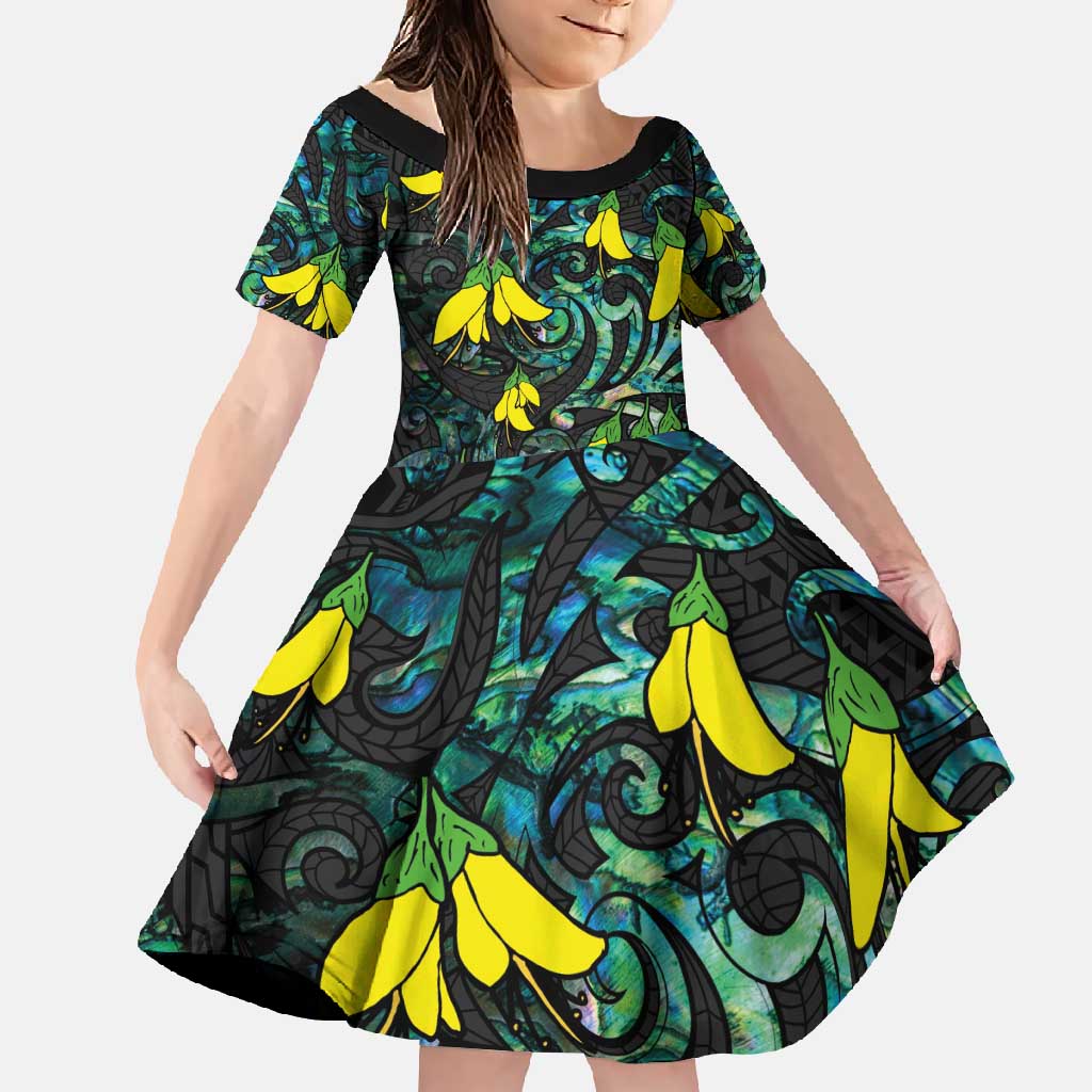 New Zealand Kowhai Flowers Family Matching Mermaid Dress and Hawaiian Shirt Maori Koru Pattern With Paua Shell Style LT03 Daughter's Dress Black - Polynesian Pride