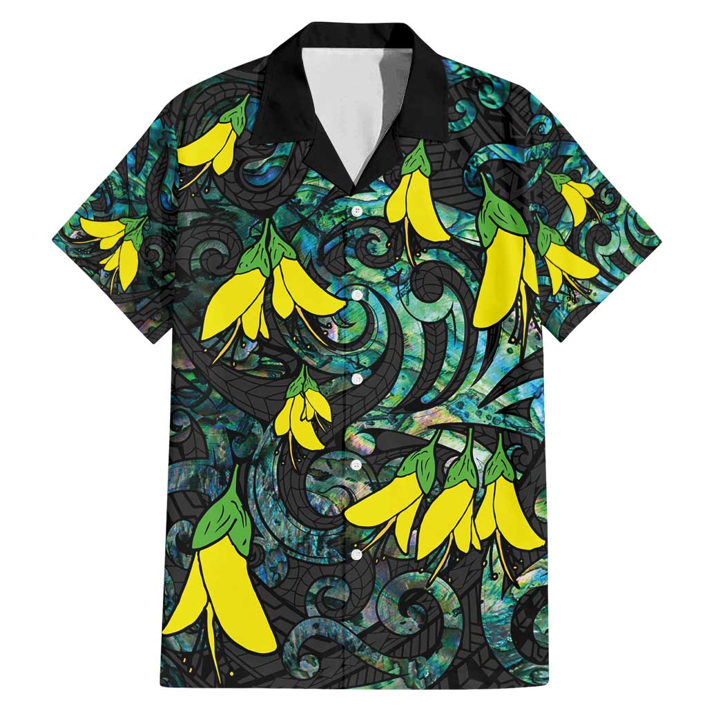 New Zealand Kowhai Flowers Family Matching Mermaid Dress and Hawaiian Shirt Maori Koru Pattern With Paua Shell Style LT03 Dad's Shirt - Short Sleeve Black - Polynesian Pride