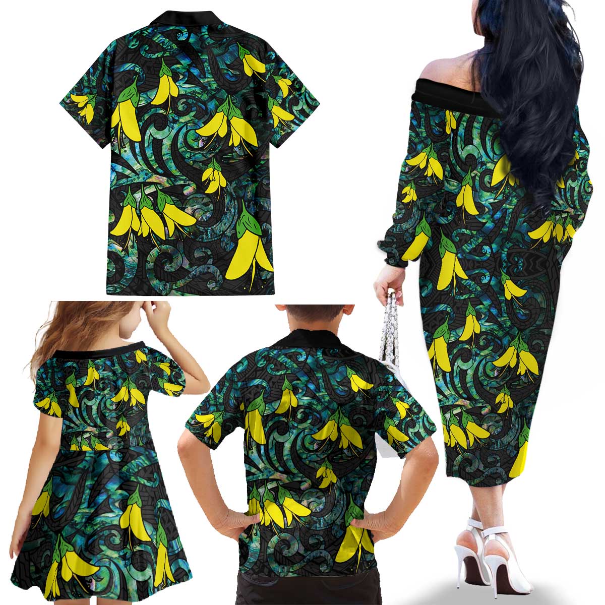 New Zealand Kowhai Flowers Family Matching Off The Shoulder Long Sleeve Dress and Hawaiian Shirt Maori Koru Pattern With Paua Shell Style