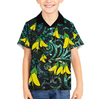 New Zealand Kowhai Flowers Family Matching Off Shoulder Short Dress and Hawaiian Shirt Maori Koru Pattern With Paua Shell Style