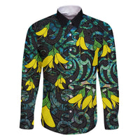 New Zealand Kowhai Flowers Family Matching Puletasi and Hawaiian Shirt Maori Koru Pattern With Paua Shell Style LT03 Dad's Shirt - Long Sleeve Black - Polynesian Pride